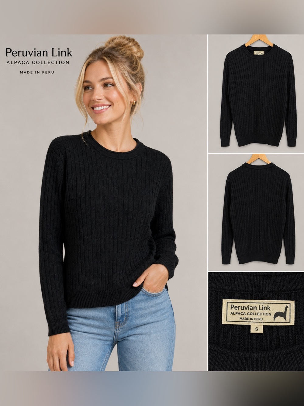 Peruvian Link Alpaca Collection Black 100% Alpaca Wool Cable Knit Sweater S - Picture 6 of 6